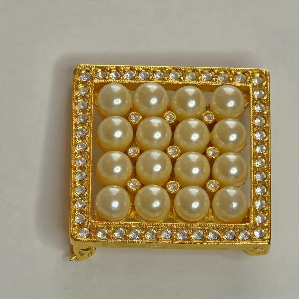 Joan Rivers Square Cluster Faux Pearl Rhinestones Gold Tone Brooch-Incomplete